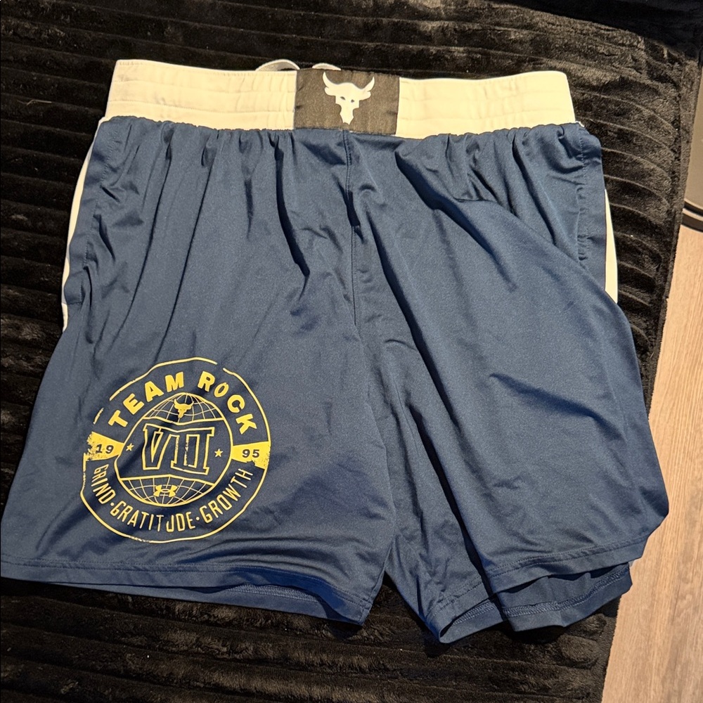 Under Armour Navy Athletic Shorts with Yellow Team Rock Emblem